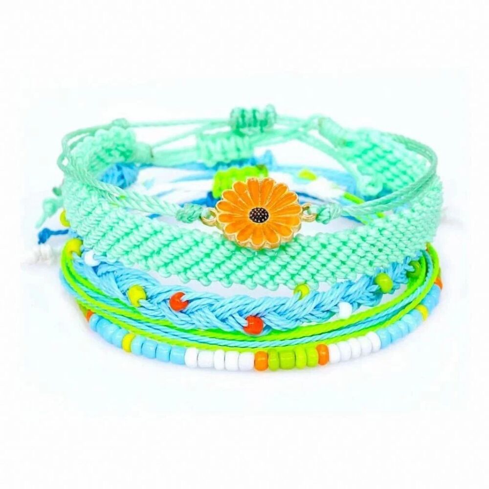 Colorful Stackable Corded Bracelet Set Flower Charm Beaded Multistrand Bracelet